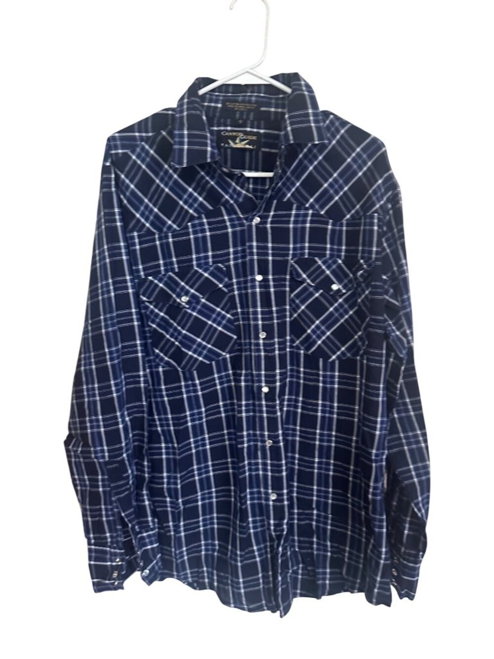 Vintage Canyon Guide pearl snap blue plaid western shirt size L
